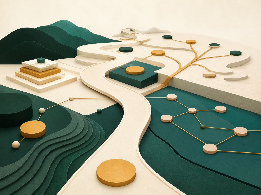 Ilustração abstrata de caminhos estratégicos, cenários, decisões, conexões e prioridades responsáveis