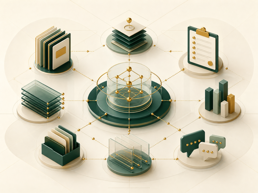 Ilustração abstrata de governança com registros, controles, rastreabilidade e fluxos de comunicação responsáveis