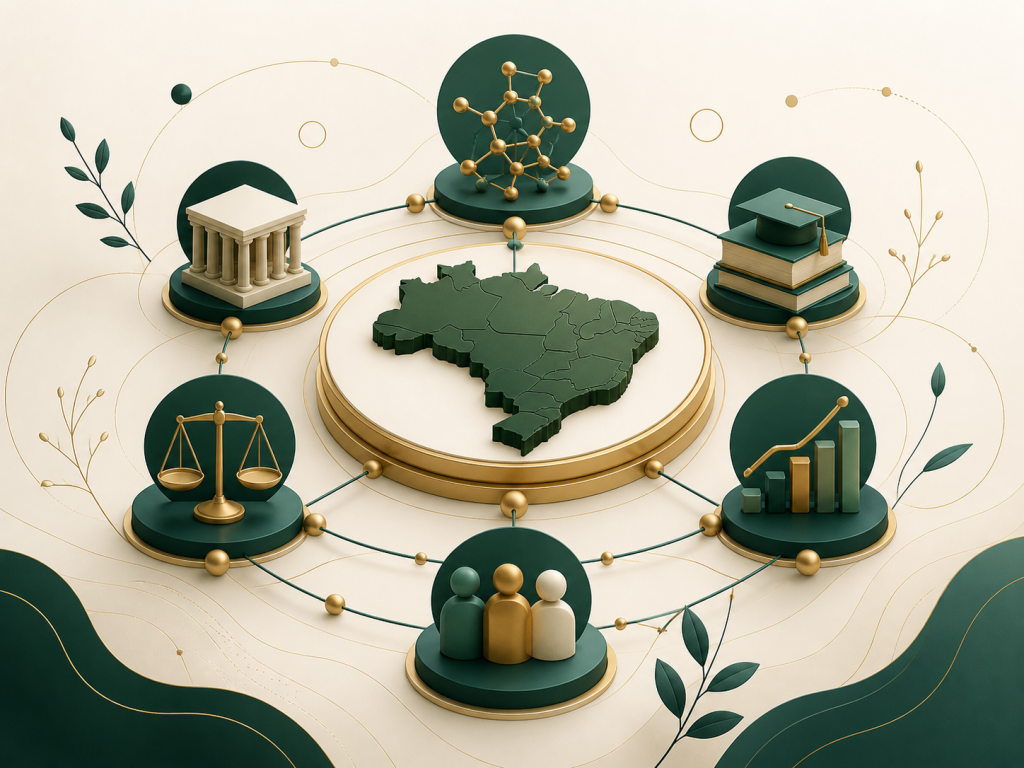 Ilustração abstrata do ecossistema brasileiro conectando conhecimento, ciência, educação, regulação e negócios