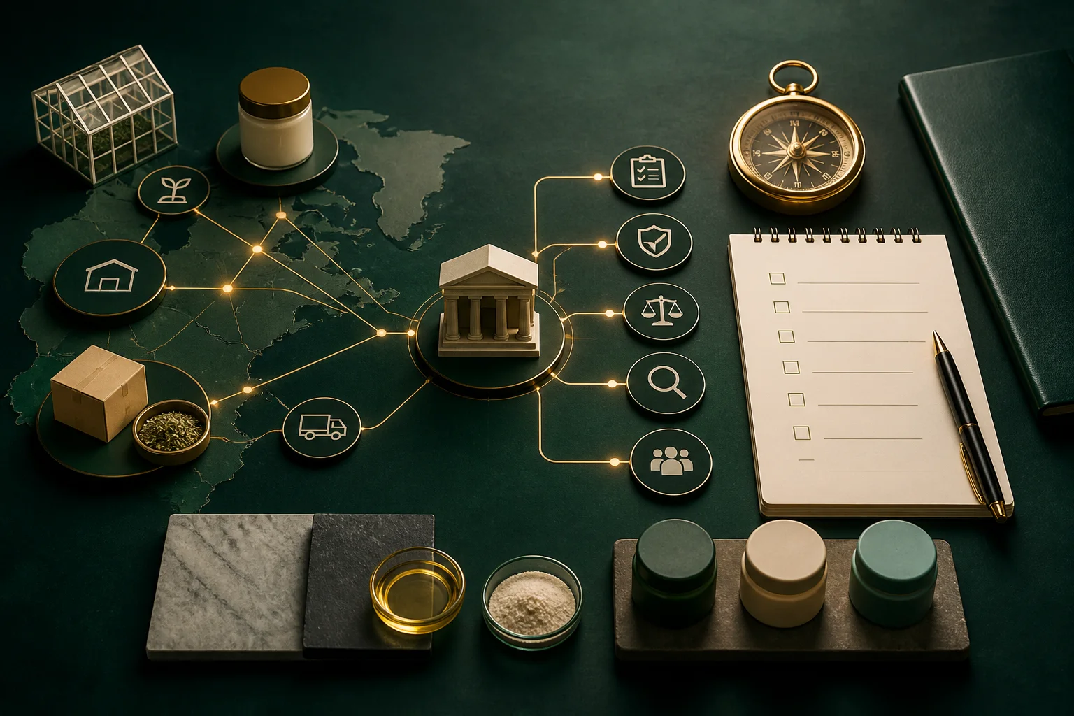 Mapa de cadeia de fornecimento, checklist e bússola representando diligência empresarial
