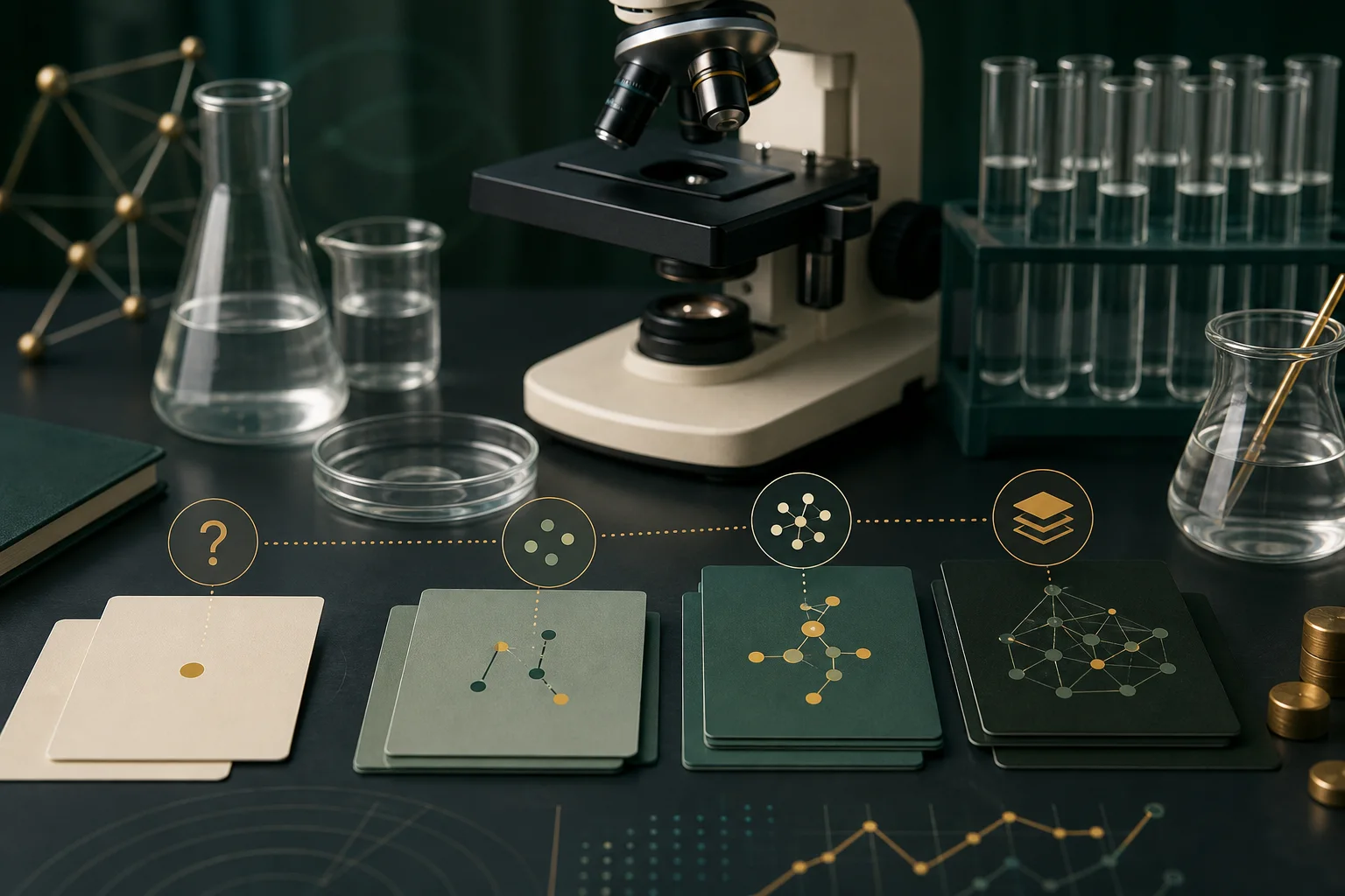 Microscópio, vidrarias e camadas de evidência científica organizadas sobre uma bancada
