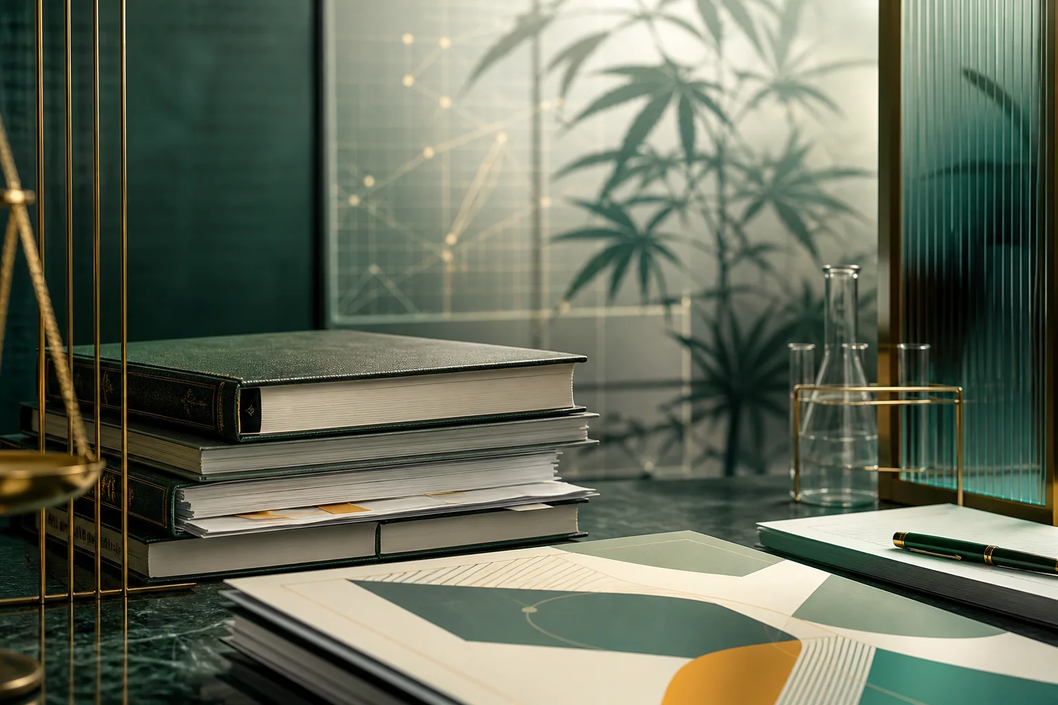 Documentos regulatórios, laboratório e elementos de conformidade em tons de verde e dourado